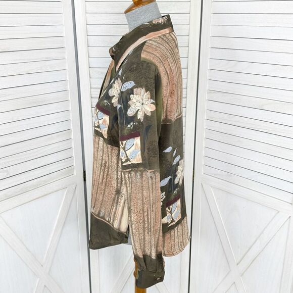 Vintage Dress Barn Printed Button Front Blouse Shirt Olive Tan Small - Picture 2 of 10